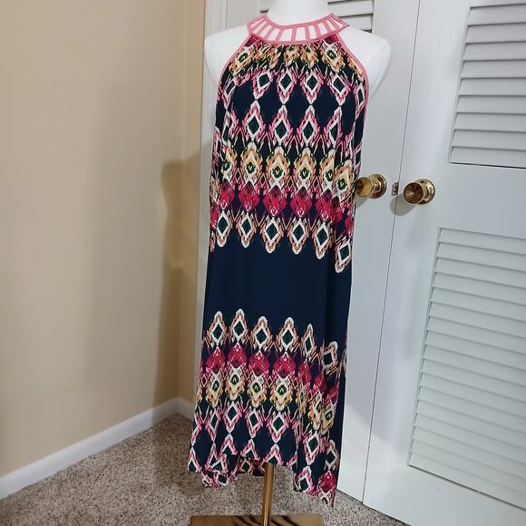 Minteau Couture 16(XL) Halter Dress A Line Navy/Pink/Green Cut-Out Neck Lined - Picture 4 of 11